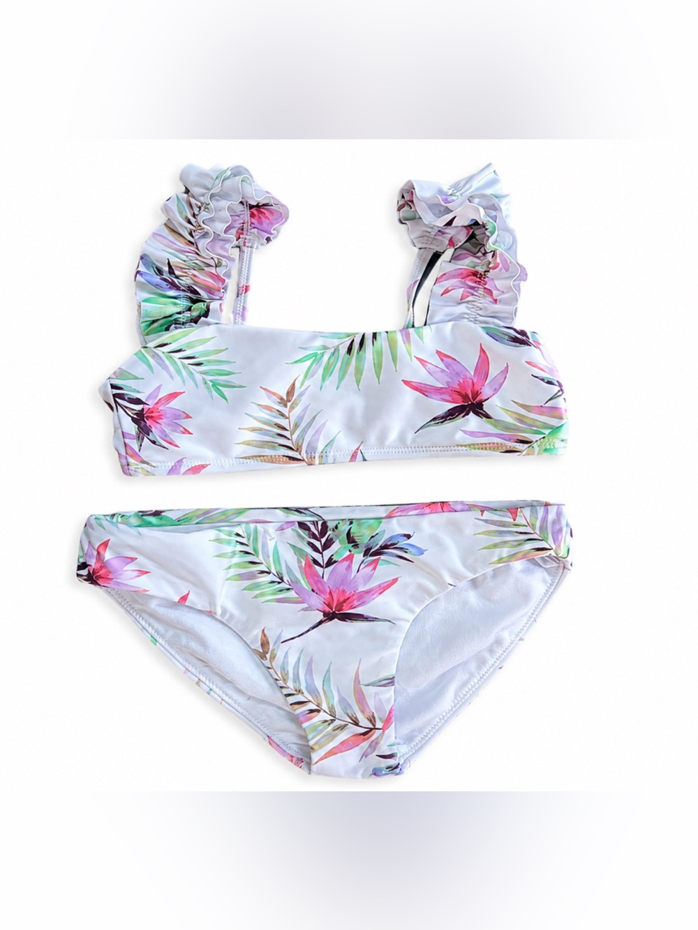 Raisins Big Girls White Floral Ruffle Strap Kids Bikini Size 7